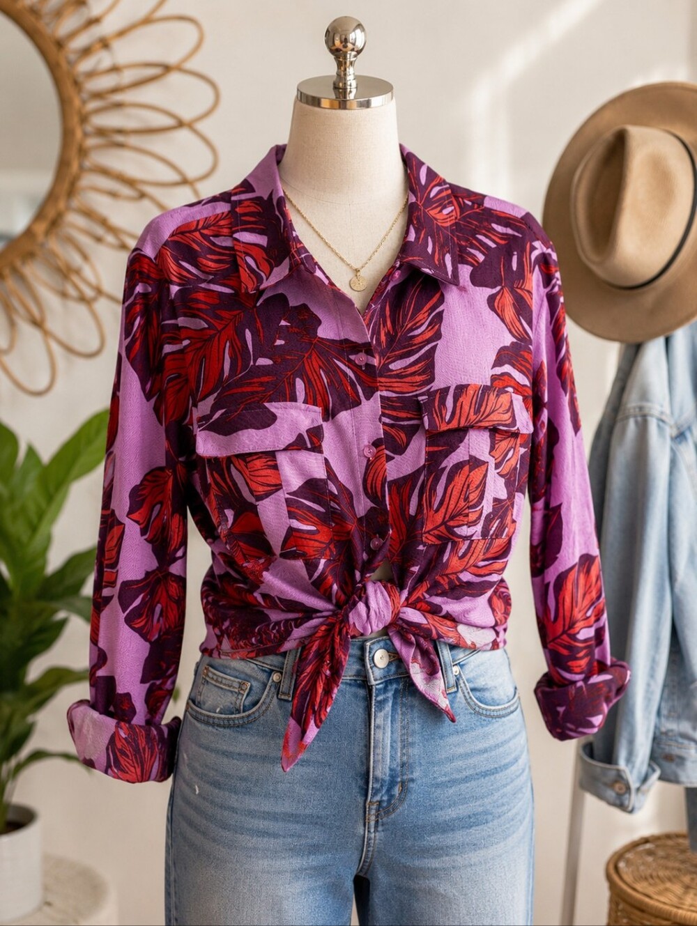 sofia by sofia vergara Purple Button-Down Shirt with Red Leaf Print